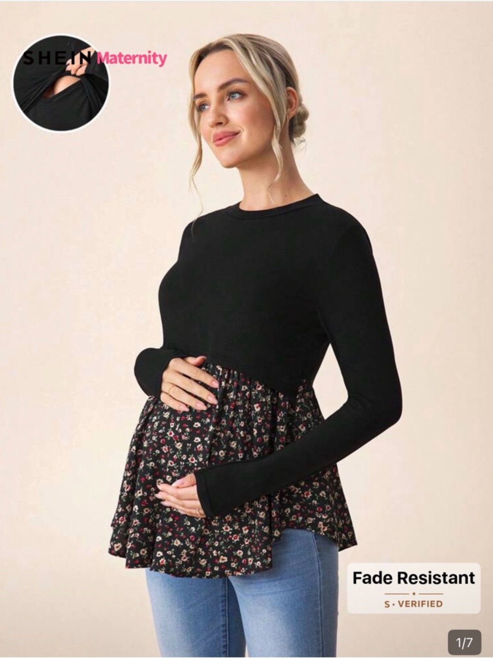 SHEIN Black Long-Sleeve Floral Peplum Maternity Nursing Top